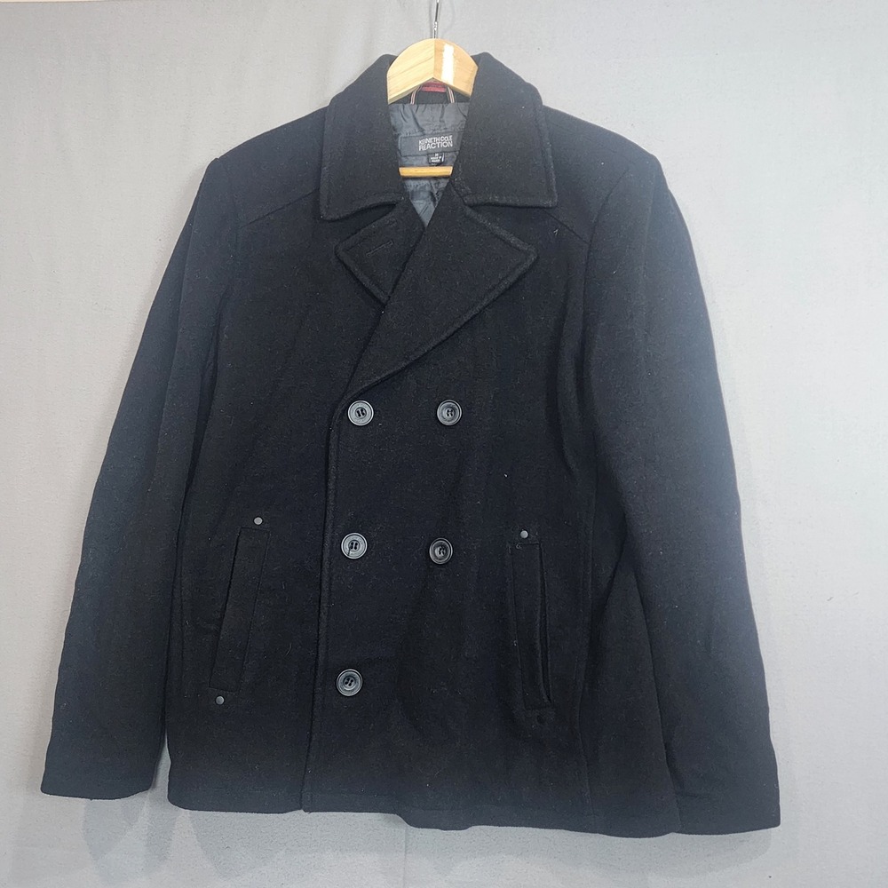 Kenneth Cole Reaction Peacoat Black Wool Blend Double Breasted Mens Size M
